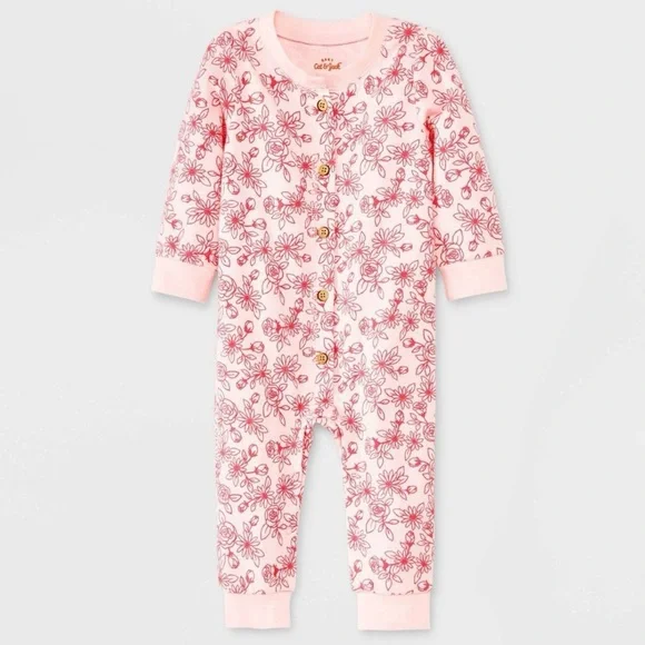 Cat & Jack Baby Girls Floral Romper, Pink, Size 0-3M - Picture 1 of 8